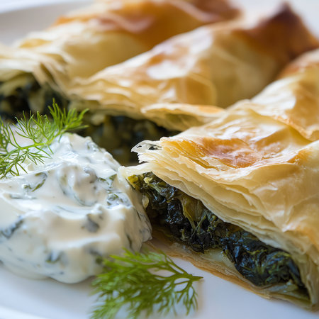 A meticulous close-up of a plate of spanakopita, featuring flaky pastry filled with spinach and feta cheese, served with a side of tzatziki sauce. The spanakopita, with its savory filling and crispy layers, provides a flavorful Greek dish. The cool, tangy tzatziki complements the warm, savory filling. Isolated on clean white backgroundの素材