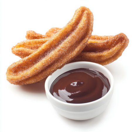 A close-up of a delicious churro, a fried dough pastry coated in cinnamon sugar, served with a side of chocolate dipping sauce in a small bowl, isolated on clean white background.の素材