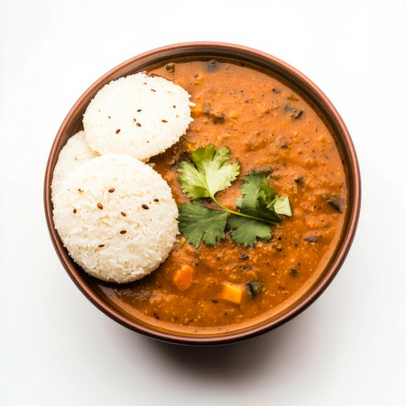A bowl of vegetable sambar, with a tangy lentil and vegetable stew, served with rice or idli, garnished with cilantro and curry leaves, arranged in a traditional bowl, isolated on clean white background.の素材