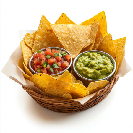 A close-up of a basket filled with crispy tortilla chips, served with a side of guacamole and salsa roja, perfect for dipping and sharing. isolated on clean white background.の素材