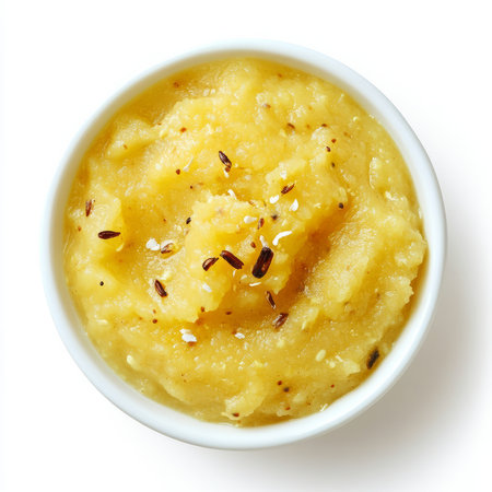 A bowl of moong dal halwa, with a sweet pudding made from mung beans, milk, and sugar, isolated on clean white background.の素材