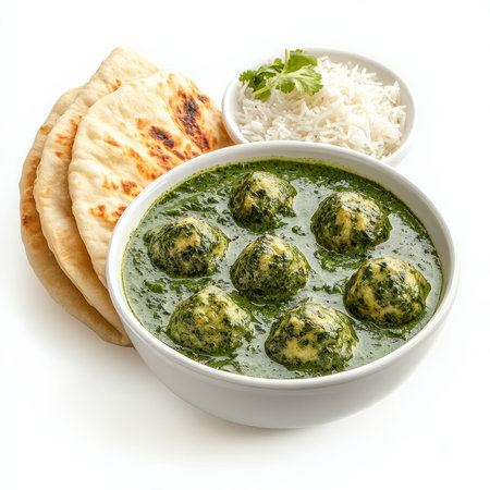 A bowl of palak kofta, with spinach and paneer balls cooked in a creamy spinach gravy, served with naan bread and a side of rice, isolated on clean white background.の素材