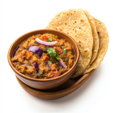 A bowl of baingan bharta, with roasted eggplant mashed and cooked with tomatoes, onions, and spices, served with roti, isolated on clean white background.の素材
