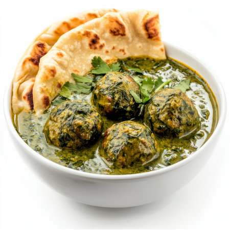 A bowl of palak kofta, with spinach and paneer balls cooked in a creamy spinach gravy, served with naan bread, isolated on clean white background.の素材