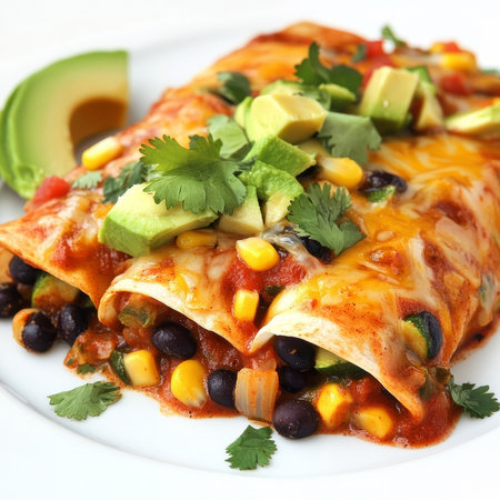 A plate of vegetable and black bean enchiladas, filled with a flavorful mixture of vegetables, black beans, corn, and spices, topped with enchilada sauce and melted cheese, garnished with avocado and cilantro, isolated on clean white background.の素材
