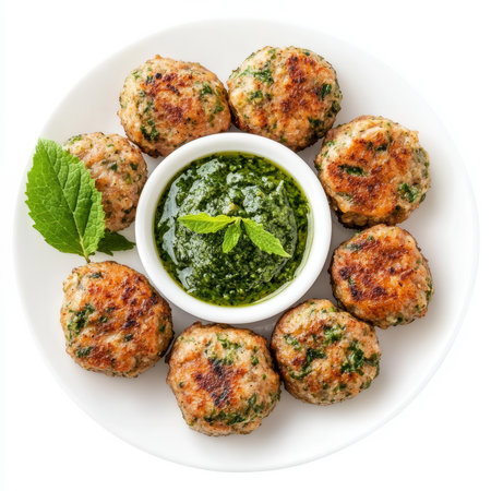 A plate of chicken hara bhara kebab, with minced chicken and spinach patties, fried until crispy, served with mint chutney, isolated on clean white background.の素材