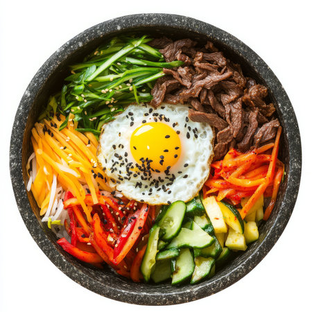 An image of Korean bibimbap, a colorful dish of rice topped with assorted vegetables, beef, a fried egg, and gochujang, served in a stone bowl. The bibimbap, with its diverse textures and flavors, provides a customizable and balanced Korean meal. The warm stone bowl keeps the ingredients at the perfect temperature. Isolated on clean white backgroundの素材