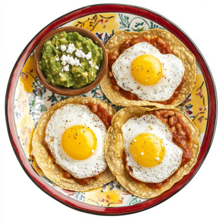 A plate of huevos rancheros, fried eggs served on corn tortillas, topped with salsa, refried beans, and cotija cheese, arranged on a colorful plate with a side of guacamole, isolated on clean white background.の素材