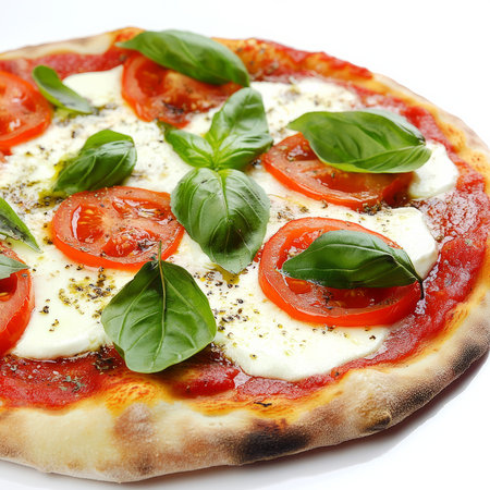 A close-up of a rustic pizza, featuring a thin, crispy crust topped with fresh mozzarella, ripe tomatoes, and fragrant basil leaves, drizzled with olive oil. The pizza, with its simple yet elegant ingredients, offers a classic Italian culinary experience. The fresh basil and olive oil enhance the flavors. Isolated on clean white backgroundの素材