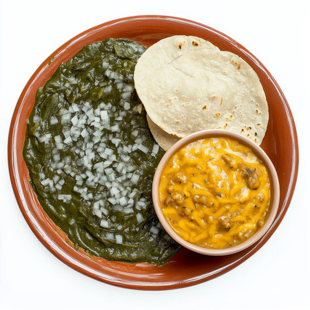 A vibrant plate of rajas con queso, roasted poblano peppers cooked with onions and melted cheese, served with warm tortillas and a side of refried beans, isolated on clean white background.の素材