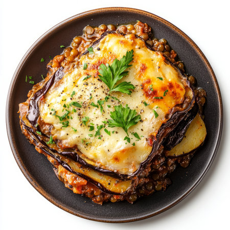 A vibrant plate of vegetarian moussaka, with layers of eggplant, potatoes, lentils, and a creamy bÃÂ©chamel sauce, baked until golden brown and bubbly, sprinkled with parmesan cheese and fresh parsley, isolated on clean white background.の素材