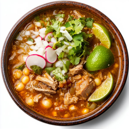 A warm bowl of pozole, a traditional Mexican stew, with tender pork, hominy, and a flavorful broth, garnished with shredded cabbage, onions, radishes, and lime wedges, isolated on clean white background.の素材