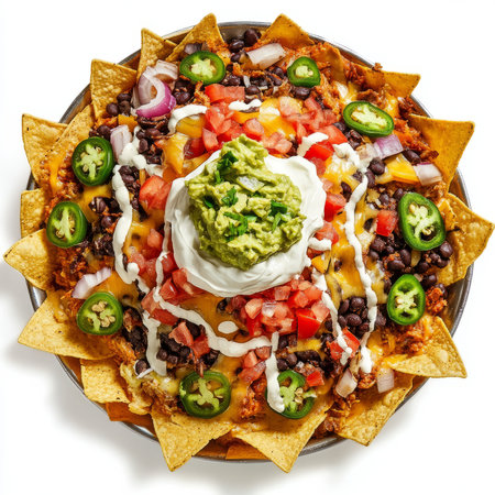 A close-up of crispy nachos, loaded with melted cheese, black beans, jalapeÃÂ±os, sour cream, and guacamole, arranged on a large platter and ready to share, isolated on clean white background.の素材
