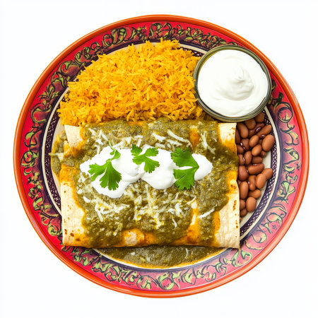 A plate of chicken enchiladas verdes, chicken enchiladas smothered in a tangy green tomatillo sauce, topped with melted cheese and sour cream, arranged on a colorful plate with a side of rice and beans, isolated on clean white background.の素材