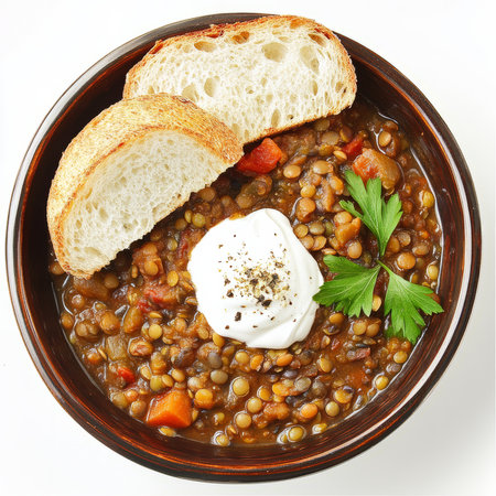 An artistic arrangement of a vegetarian lentil stew, served with a side of crusty bread and a dollop of sour cream. The vegetarian lentil stew, with its rich, savory flavors and hearty texture, offers a comforting and nourishing dish. The sour cream adds a creamy tang. Isolated on clean white backgroundの素材