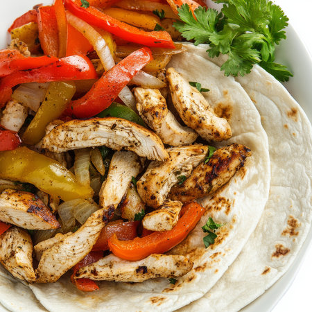 A close-up of a plate of chicken fajitas, featuring grilled chicken, bell peppers, and onions, served with tortillas and toppings. The chicken fajitas, with their sizzling flavors and customizable toppings, offer a fun and interactive Mexican meal. The tortillas add a warm, soft texture. Isolated on clean white backgroundの素材