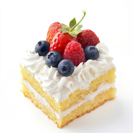 A close-up of a delicious tres leches cake, a sponge cake soaked in three types of milk, topped with whipped cream and fruit, isolated on clean white background.の素材