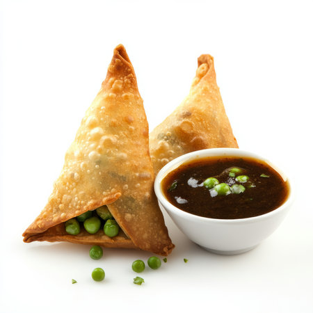 A close-up of a crispy samosa, filled with spiced potatoes and peas, served with tamarind chutney, isolated on clean white background.の素材