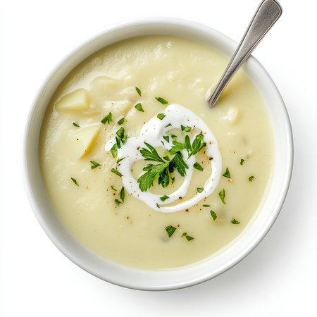 A bowl of creamy cauliflower and potato soup, with tender cauliflower florets, potatoes, onions, and garlic, blended until smooth and creamy, topped with a swirl of coconut cream and fresh parsley,の素材