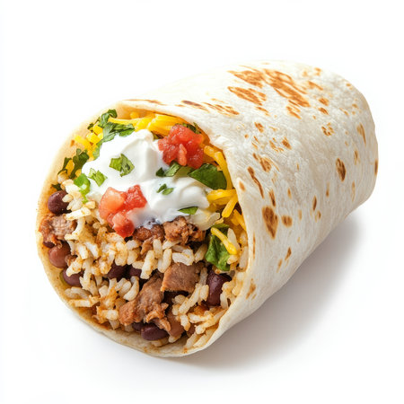 A close-up of a hearty burrito, filled with rice, beans, your choice of meat, cheese, salsa, and sour cream, wrapped in a warm flour tortilla, isolated on clean white background.の素材
