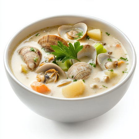 A bowl of creamy clam chowder, its broth thick and flavorful, filled with clams, potatoes, and celery. The clam chowder, a New England classic, offers a comforting and hearty seafood experience. Theの素材