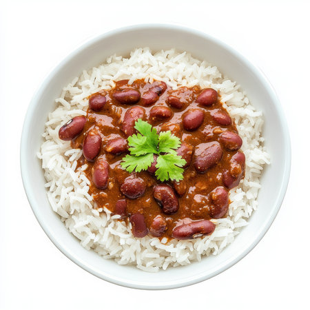 A bowl of rajma chawal, with red kidney beans cooked in a spicy tomato sauce, served with rice, isolated on clean white background.の素材