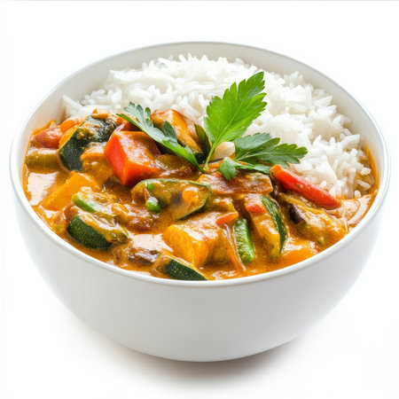 A bowl of vegetable kalan, with a thick yogurt-based curry made from vegetables and coconut, served with rice, isolated on clean white background.の素材