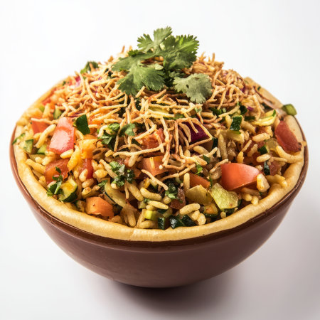 A close-up of a bhel puri, with a savory snack made from puffed rice, vegetables, and chutneys, garnished with sev and cilantro, isolated on clean white background.の素材