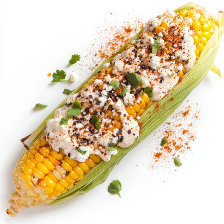 A close-up of a street-style elote, grilled corn on the cob, slathered in mayonnaise, cotija cheese, chili powder, and a squeeze of lime juice, isolated on clean white background.の素材