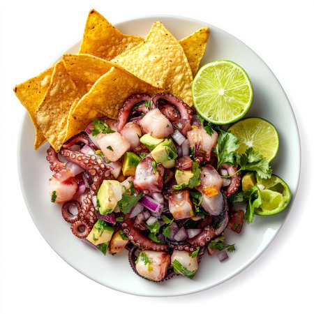 A plate of octopus ceviche, octopus marinated in lime juice, with red onions, cilantro, jalapeÃÂ±os, and avocado, served cold with crispy tortilla chips, isolated on clean white background.の素材