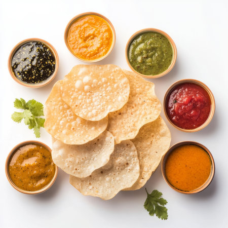A close-up of a papadum, with a thin and crispy lentil wafer, served as an appetizer, isolated on clean white background, surrounded by various dipping sauces.の素材