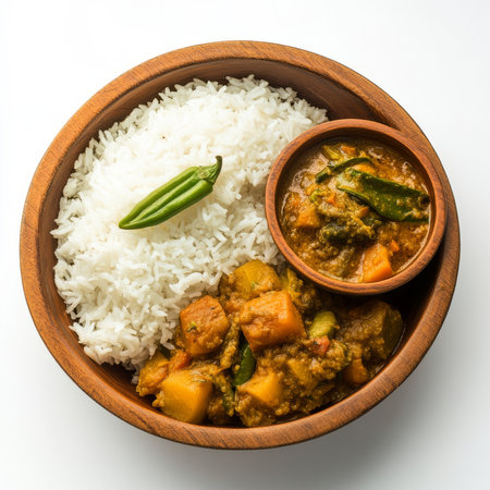 A bowl of vegetable thoran, with a dry curry made from mixed vegetables, coconut, and spices, served with rice and a side of pickle, arranged in a traditional bowl, isolated on clean white background.の素材