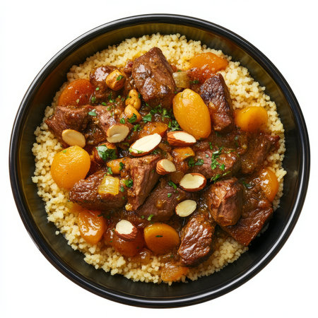 An artistic arrangement of a bowl of Moroccan tagine, featuring tender lamb, apricots, and almonds, served with couscous. The Moroccan tagine, with its sweet and savory flavors and aromatic spices,の素材