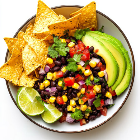 A bowl of black bean and corn salsa, with black beans, corn, red onions, bell peppers, cilantro, lime juice, and a touch of cumin, served with tortilla chips and avocado slices, garnished with freshの素材