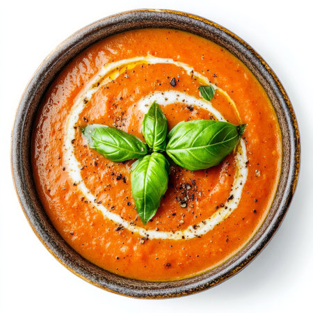 A bowl of creamy tomato and basil soup, with roasted tomatoes, onions, garlic, and vegetable broth, blended until smooth and creamy, topped with a swirl of coconut cream and fresh basil leaves, servedの素材