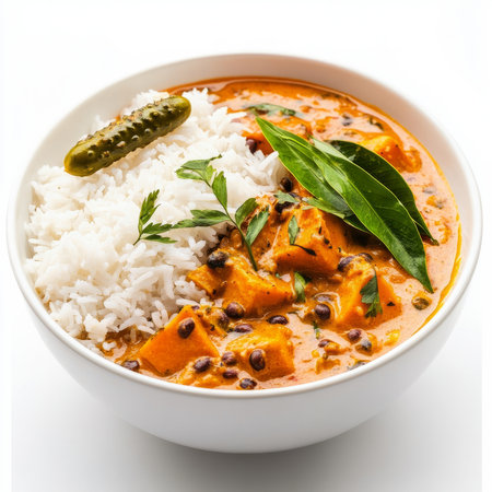 A bowl of vegetable olan, with a light curry made from pumpkin, black-eyed peas, and coconut milk, served with rice and a side of pickle, garnished with curry leaves, isolated on clean white background.の素材