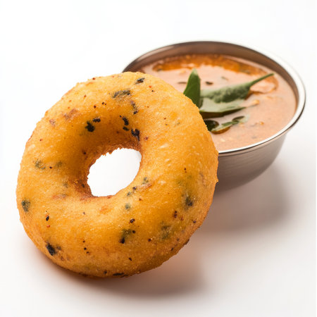 A close-up of a medu vada, with a savory donut made from urad dal, served with sambar and coconut chutney, isolated on clean white background.の素材