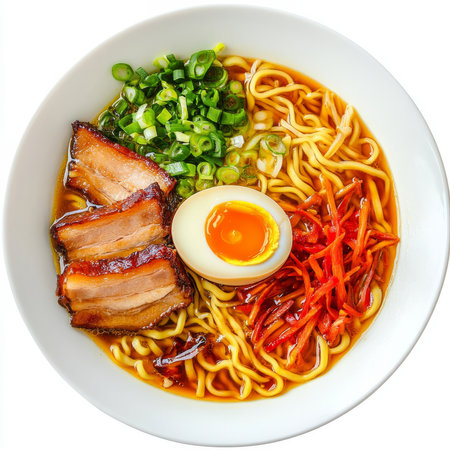 A close-up of a plate of ramen, featuring a rich, flavorful broth with noodles, pork belly, and vegetables, garnished with a soft-boiled egg and green onions. The ramen, with its complex broth and variety of toppings, offers a satisfying Japanese noodle dish. The soft-boiled egg adds a creamy richness. Isolated on clean white backgroundの素材