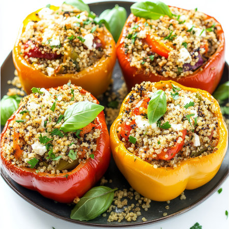 A plate of vegetable and feta stuffed bell peppers, with bell peppers filled with a flavorful mixture of vegetables, quinoa, feta cheese, herbs, and a touch of Mediterranean spices, baked until tender, topped with marinara sauce, mozzarella cheese, breadcrumbs, and a drizzle of olive oil, garnished with fresh basil and served with a side of couscous, isolated on clean white background.の素材