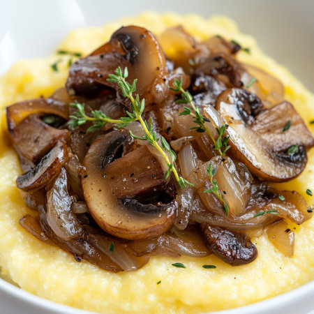 A close-up of a bowl of creamy polenta, topped with sautÃÂ©ed mushrooms, caramelized onions, and fresh thyme, presented on a white surface. The creamy polenta, with its smooth texture and rich flavor,の素材