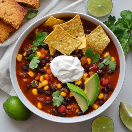 A bowl of vegetable and black bean chili, with tender vegetables, black beans, corn, spices, cocoa, and a touch of cinnamon, simmered in a flavorful tomato-based broth, served with avocado, sour cream, shredded cheese, tortilla chips, cilantro, lime wedges, and a side of cornbread, garnished with fresh cilantro and arranged on a table, isolated on clean white background.の素材