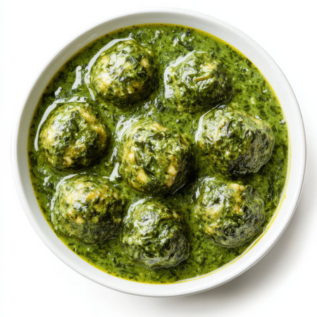 A bowl of palak kofta, with spinach and paneer balls cooked in a creamy spinach gravy, isolated on clean white background.の素材