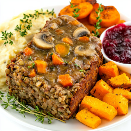 A close-up of a lentil and vegetable loaf, with a savory lentil and vegetable filling baked until firm and sliceable, served with a mushroom gravy, roasted vegetables, mashed sweet potatoes, and aの素材