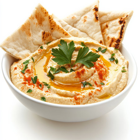 A bowl of creamy hummus drizzled with olive oil, garnished with smoked paprika and fresh parsley, served with warm pita bread. A Middle Eastern favorite. Isolated on clean white backgroundの素材