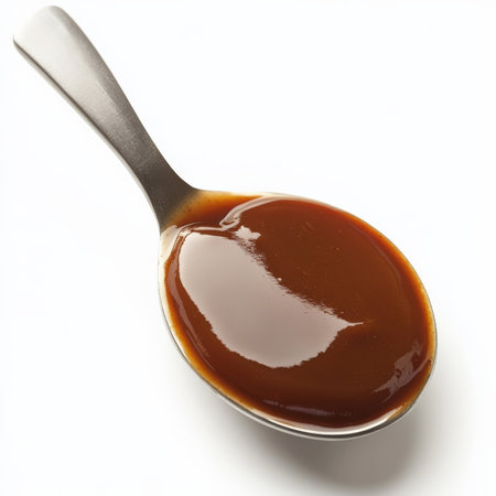 A close-up of a delicate and complex sauce, perhaps a demi-glace or bÃÂ©arnaise, served with a spoon or a small brush to emphasize its texture and sheen, the artistry of sauce making, a fundamental element of haute cuisine, isolated on clean white background.の素材