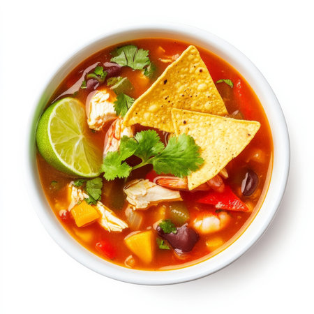 A bowl of Mexican tortilla soup, transformed with the fresh and vibrant flavors of Southeast Asian cuisine, featuring a rich broth, chicken or shrimp, vegetables, cilantro, lime juice, and a side of tortilla chips, a flavorful and aromatic soup that marries the best of both culinary traditions, isolated on a clean white background.の素材