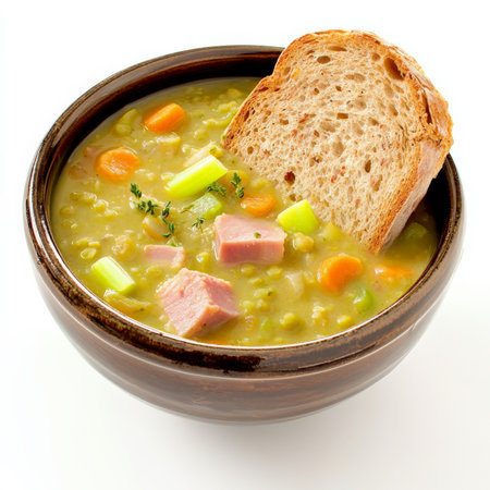 A bowl of hearty split pea soup with chunks of smoked ham, carrots, and celery, served with a slice of buttered rye bread. A warming comfort food. Isolated on clean white backgroundの素材