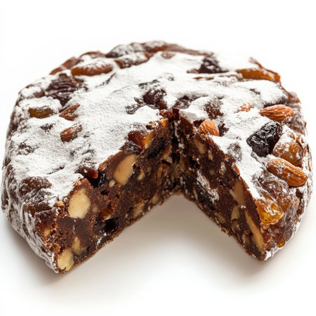 A close-up of a sweet and savory panforte dessert, a dense and chewy Italian fruitcake, made with honey, nuts, and candied fruit, dusted with powdered sugar and served sliced, a classic Siennese delicacy, isolated on clean white background.の素材