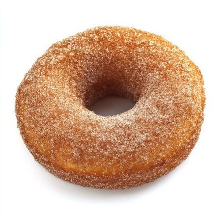 A classic American apple cider donut, coated in cinnamon sugar and slightly crisp on the outside while remaining soft and fluffy inside. A perfect autumn treat. Isolated on clean white backgroundの素材