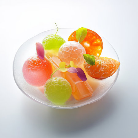 A dish featuring the artful use of edible gels or spheres, creating unexpected textures and visual surprises, perhaps a sphere of fruit juice that bursts in the mouth, or a gelÃÂ©e that shimmers under the light, pushing the boundaries of what food can be, isolated on a clean white background.の素材